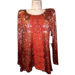 New ONE WORLD Top Women's Size L Rust Red Embellished Bling Boho Knit LS Tunic